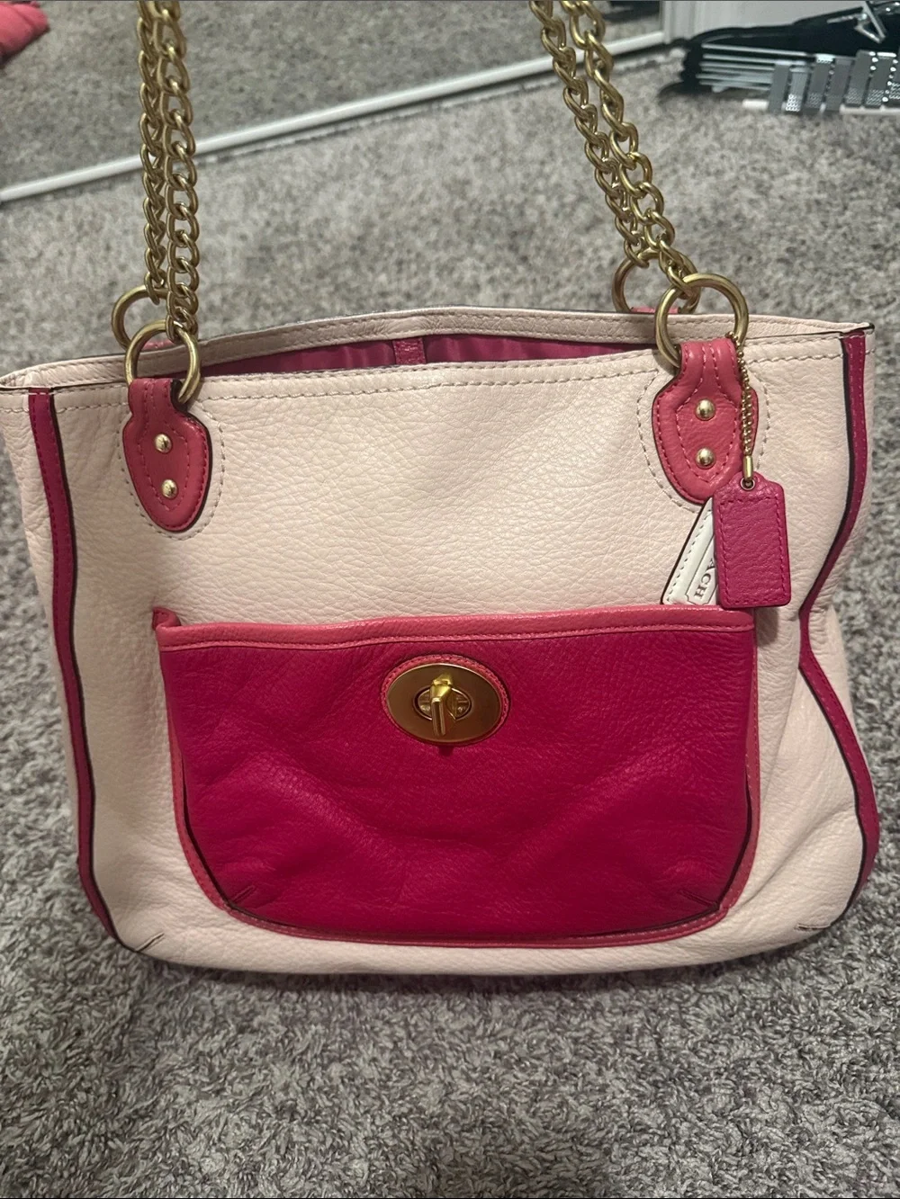 Coach Pink and Cream Leather Tote with Gold Chain Handles